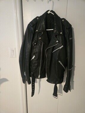Hein Gericke Vintage 80's Mens Black Leather Biker Jacket with Zip Details